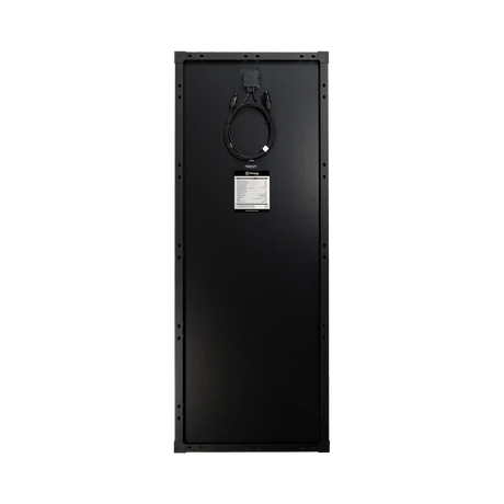 Roam Gear 100W black glass solar panel back view with junction box and cable leads.