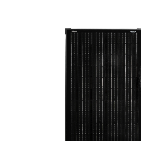 Roam Gear 100W black glass solar panel upper corner with logo and black frame.
