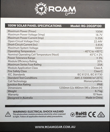 Roam Gear 100W glass solar panel specification label with model RG-20GSP100.