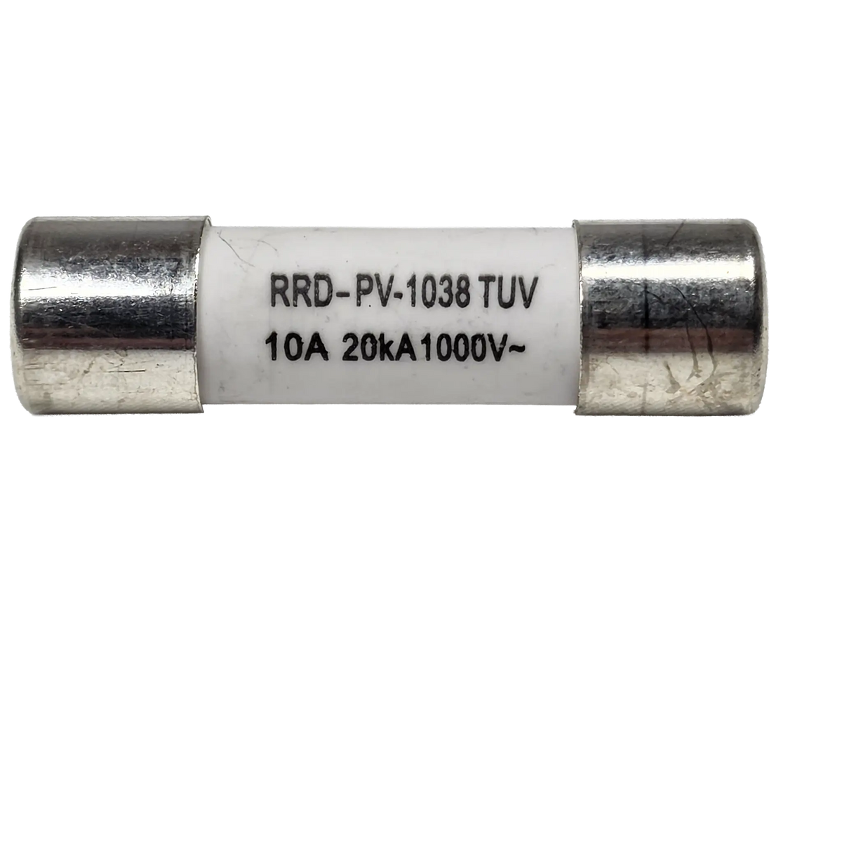 Roam Gear 10A MC4 inline replacement fuse front view with printed specifications on the white body.