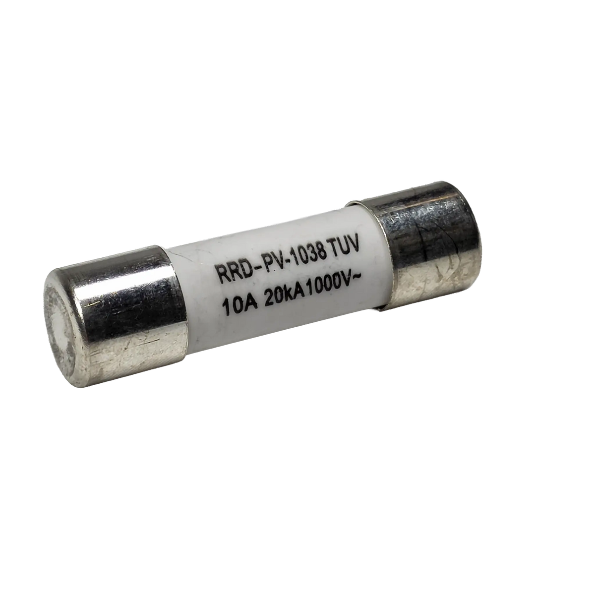 Roam Gear 10A MC4 inline replacement fuse viewed from the left with a white body and metal end caps.