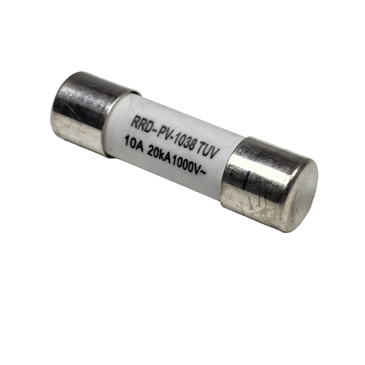 Roam Gear 10A MC4 inline replacement fuse viewed from the right with the end cap and printed rating visible.