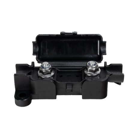 Roam Gear 125A In-line Midi fuse holder open in a front view with two terminals visible.