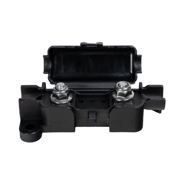 Roam Gear 125A In-line Midi fuse holder open in a front view with two terminals visible.