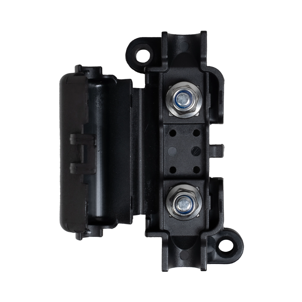 Roam Gear 125A In-line Midi fuse holder open from above with terminals and mounting posts visible.