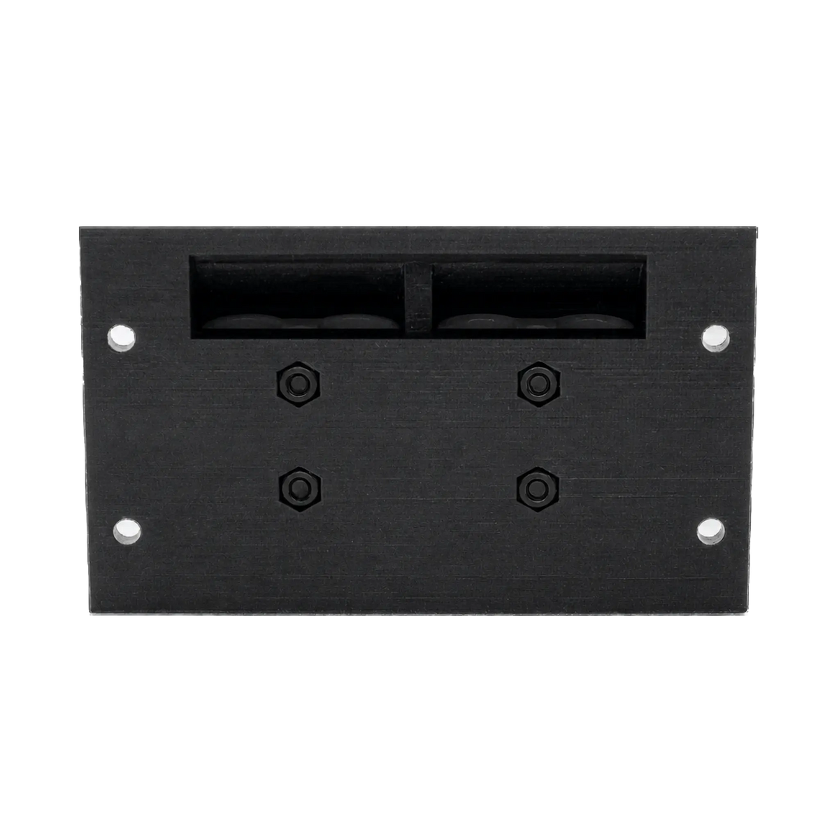 Roam Gear 12V double Anderson surface mount underside with four mounting holes and four recessed nuts.