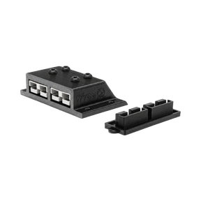 Roam Gear 12V double Anderson surface mount front right view with two grey 50A plugs and dust cover beside it.