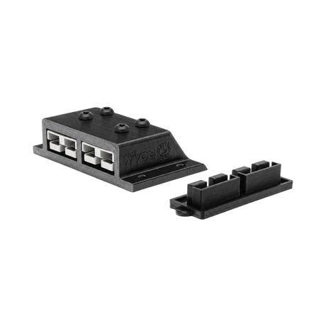 Roam Gear 12V double Anderson surface mount front right view with two grey 50A plugs and dust cover beside it.