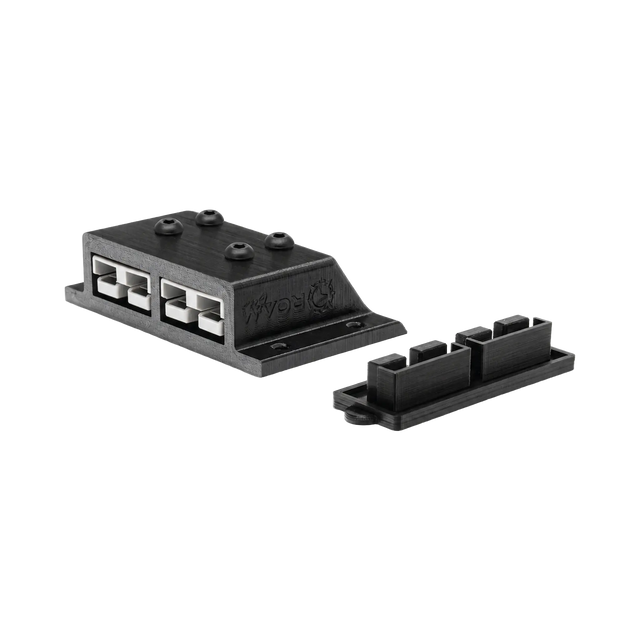 Roam Gear 12V double Anderson surface mount front right view with two grey 50A plugs and dust cover beside it.