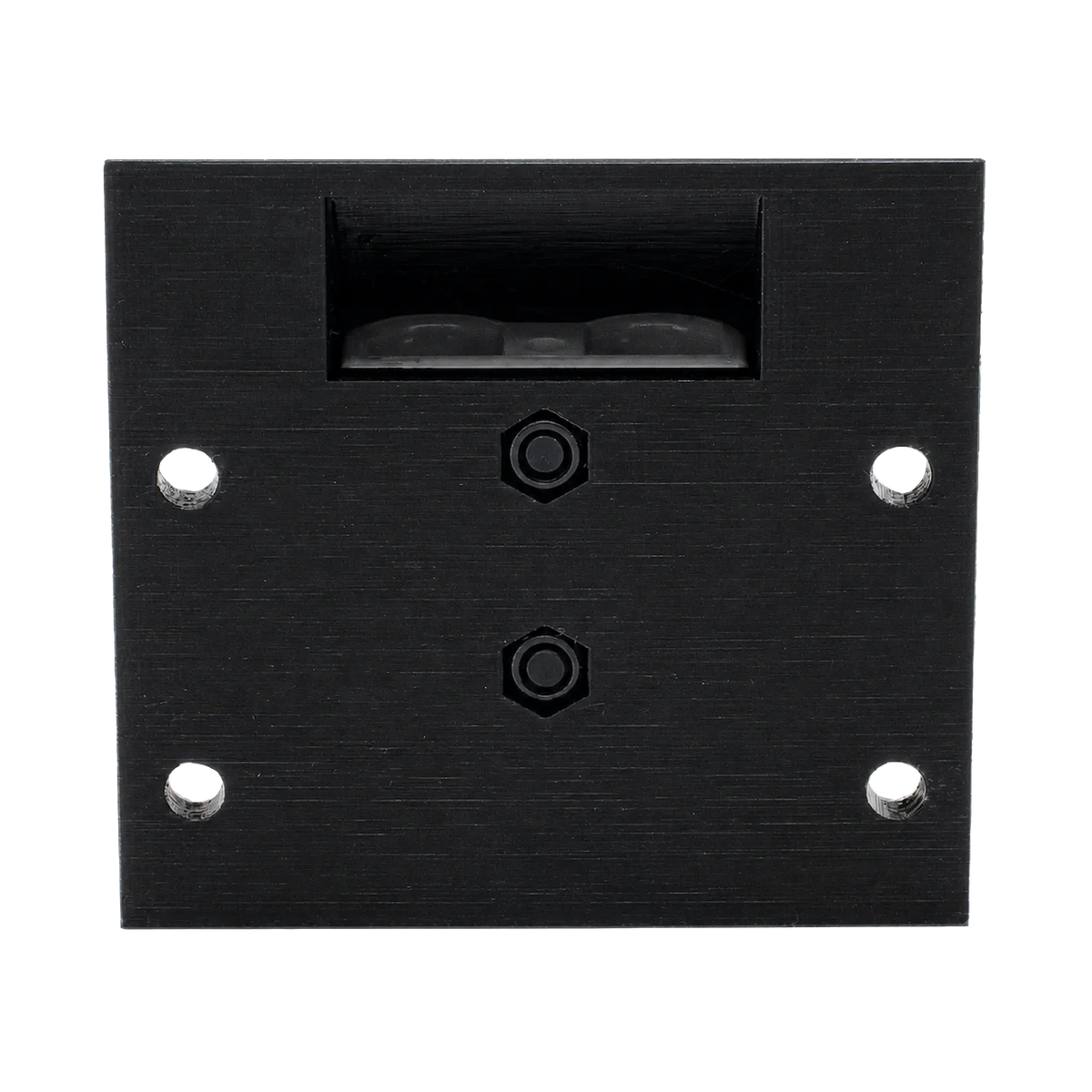 Roam Gear 12V single Anderson surface mount underside with four mounting holes and two recessed nuts.
