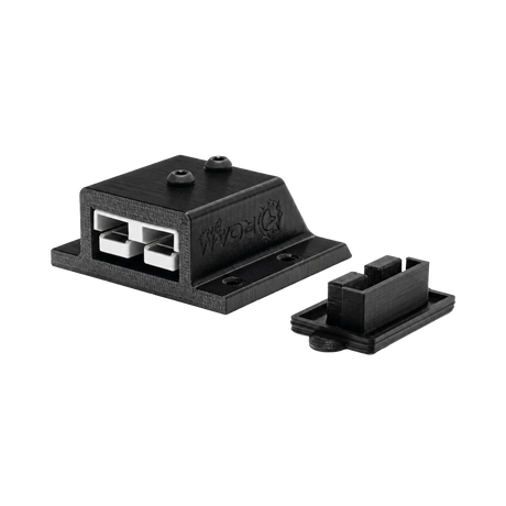 Roam Gear 12V single Anderson surface mount front right view with a grey 50A plug and dust cover beside it.