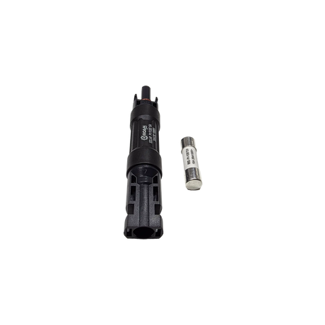 Roam Gear 15A MC4 inline fuse holder with one connector end facing forwards and a spare fuse alongside.