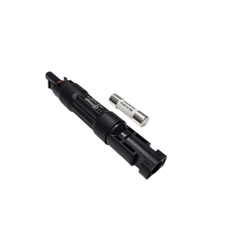 Roam Gear 15A MC4 inline fuse holder viewed from the left with a spare fuse.