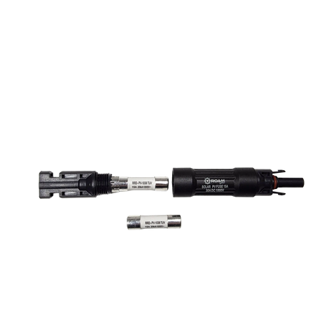 Roam Gear 15A MC4 inline fuse holder opened in a top view with the threaded connection and two fuses visible.