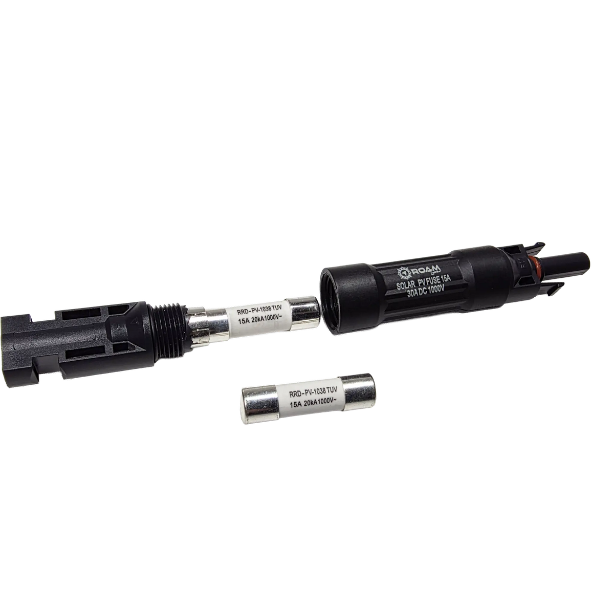 Roam Gear 15A MC4 inline fuse holder opened at an angle with the internal fuse exposed and a spare below.