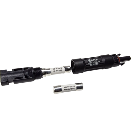 Roam Gear 15A MC4 inline fuse holder opened at an angle with the internal fuse exposed and a spare below.