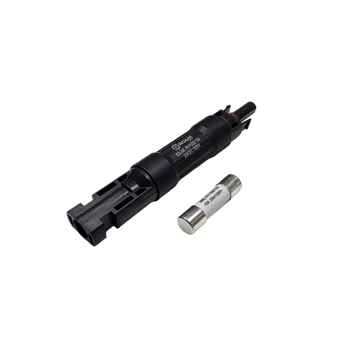 Roam Gear 15A MC4 inline fuse holder viewed from the right with its printed label and spare fuse.