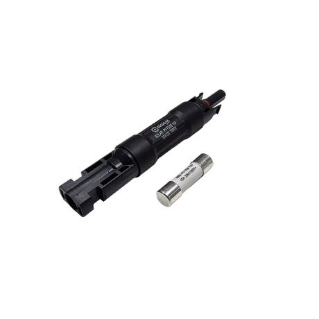 Roam Gear 15A MC4 inline fuse holder viewed from the right with its printed label and spare fuse.