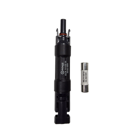 Roam Gear 15A MC4 inline fuse holder viewed from above with a spare fuse beside it.