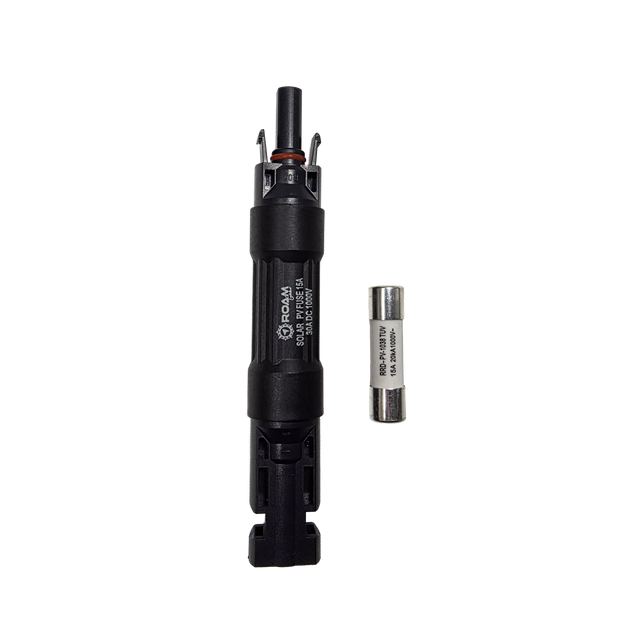 Roam Gear 15A MC4 inline fuse holder viewed from above with a spare fuse beside it.