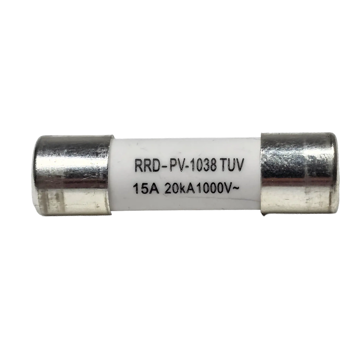 Roam Gear 15A MC4 inline replacement fuse front view with printed specifications on the white body.