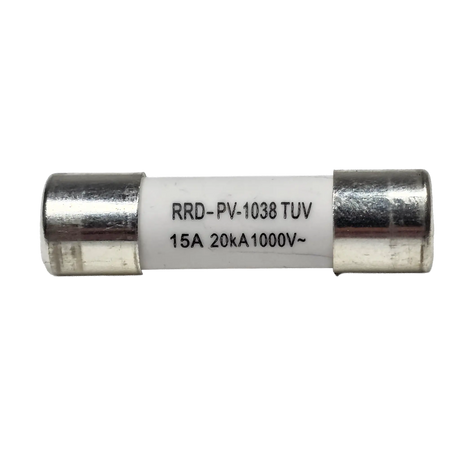 Roam Gear 15A MC4 inline replacement fuse front view with printed specifications on the white body.