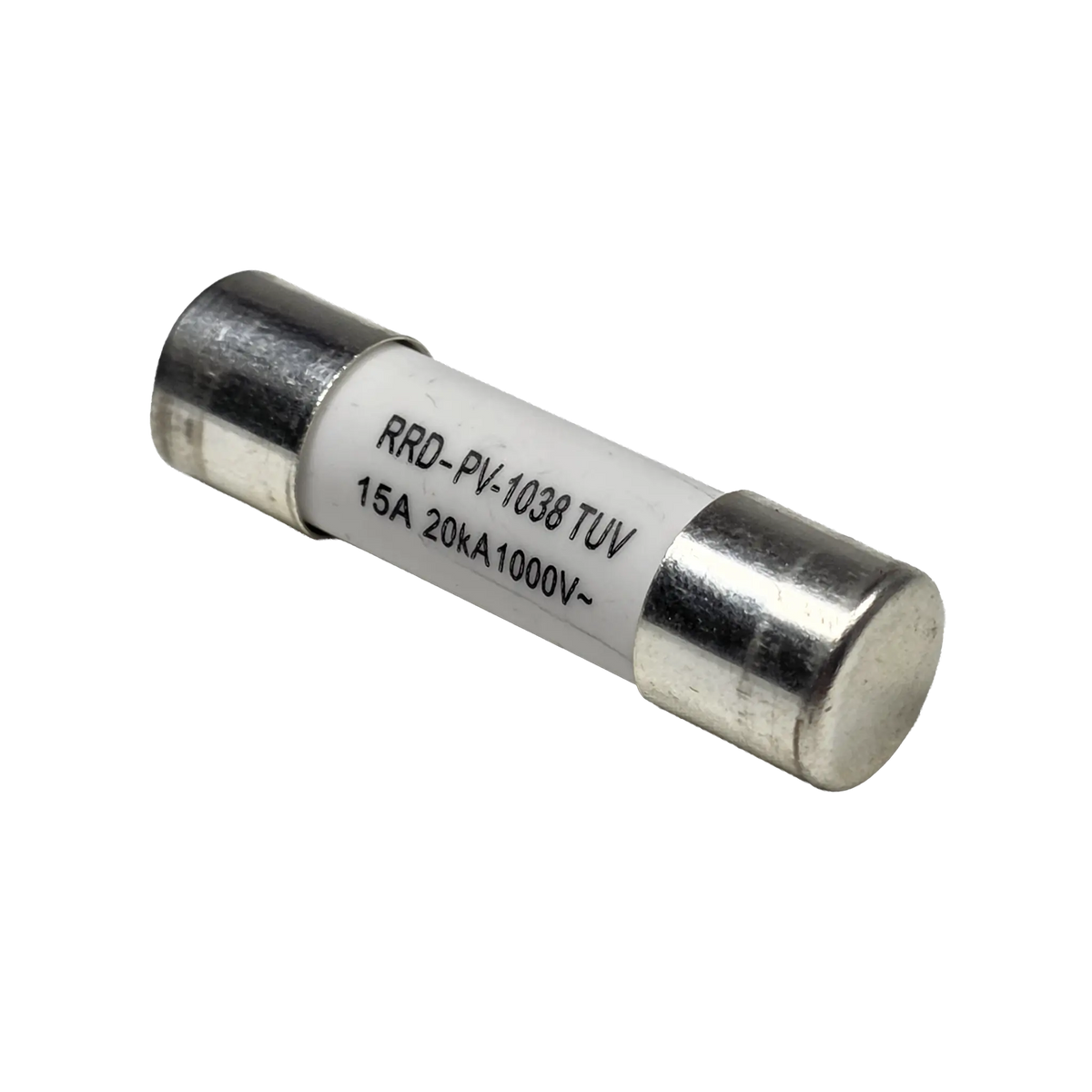 Roam Gear 15A MC4 inline replacement fuse angled view with the right metal end cap and white body.