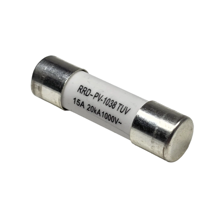 Roam Gear 15A MC4 inline replacement fuse angled view with the right metal end cap and white body.