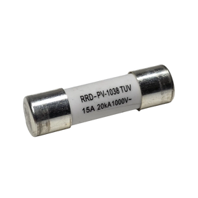 Roam Gear 15A MC4 inline replacement fuse angled view with the left metal end cap and printed rating.
