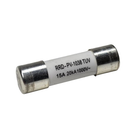 Roam Gear 15A MC4 inline replacement fuse angled view with the left metal end cap and printed rating.