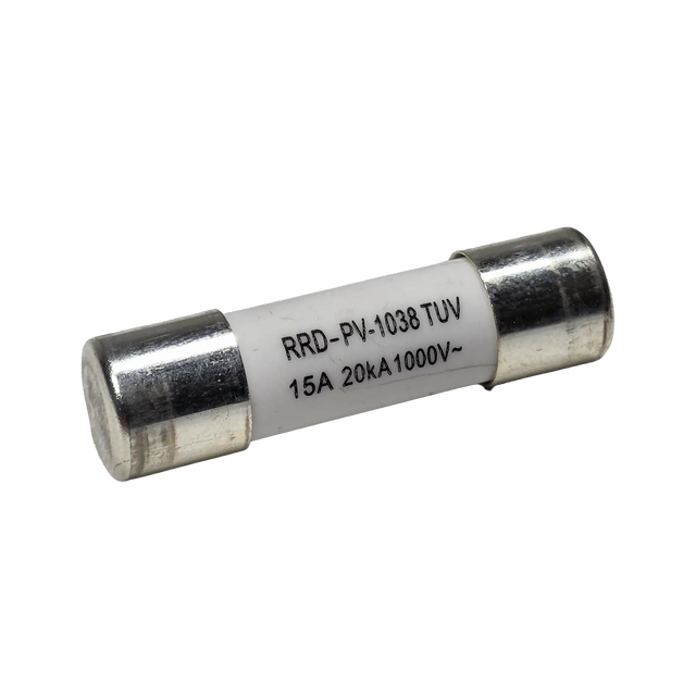 Roam Gear 15A MC4 inline replacement fuse angled view with the left metal end cap and printed rating.