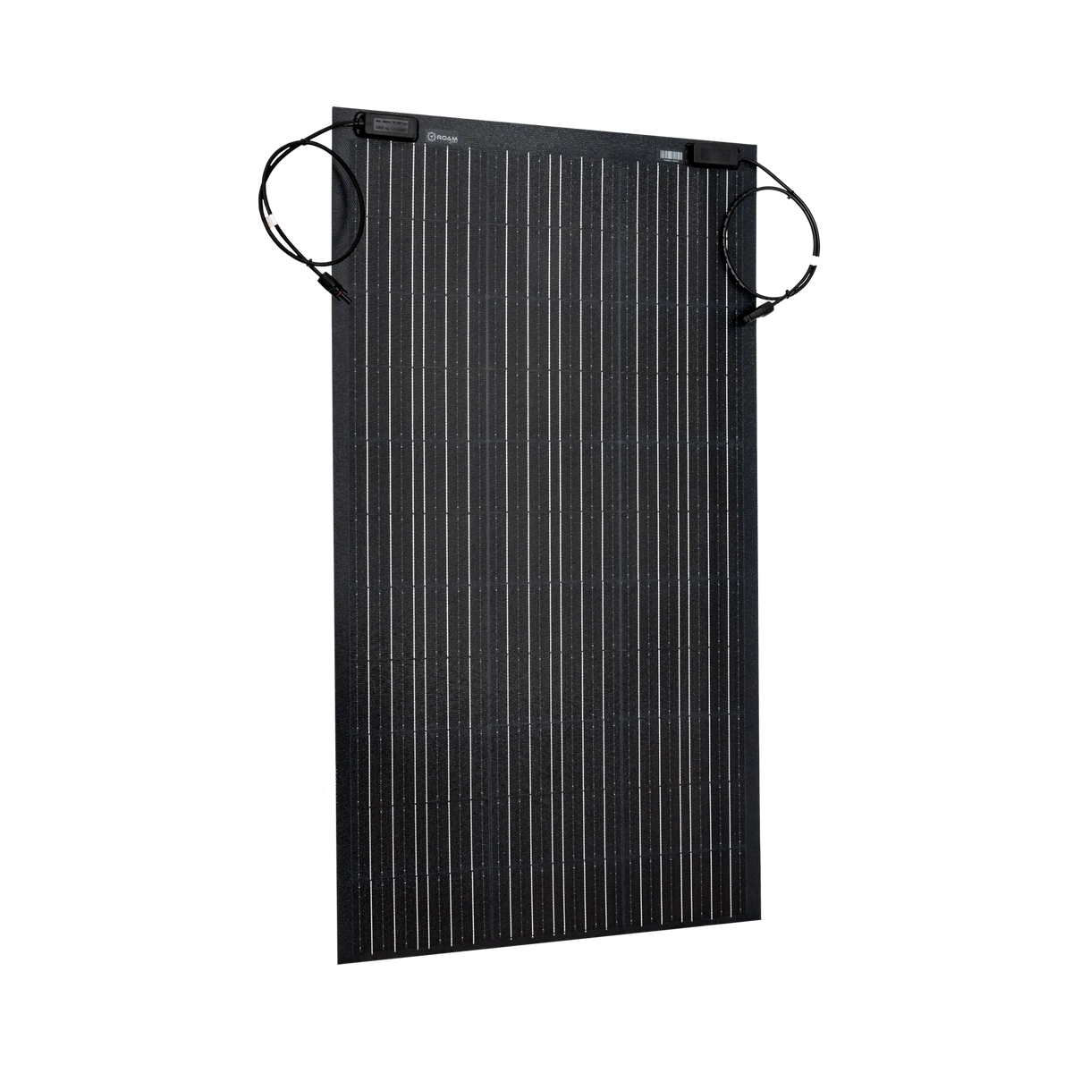 Roam Gear 160W 12V black ETFE flexible solar panel front angled view with positive and negative leads looped beside it.