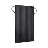 Roam Gear 160W 12V black ETFE flexible solar panel front angled view with positive and negative leads looped beside it.