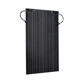 Roam Gear 160W 12V black ETFE flexible solar panel front angled view with positive and negative leads looped beside it.