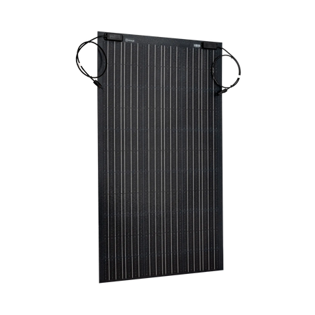 Roam Gear 160W 12V black ETFE flexible solar panel front angled view with positive and negative leads looped beside it.
