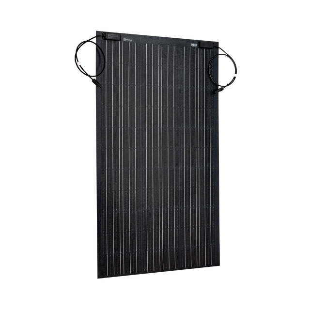Roam Gear 160W 12V black ETFE flexible solar panel front angled view with positive and negative leads looped beside it.