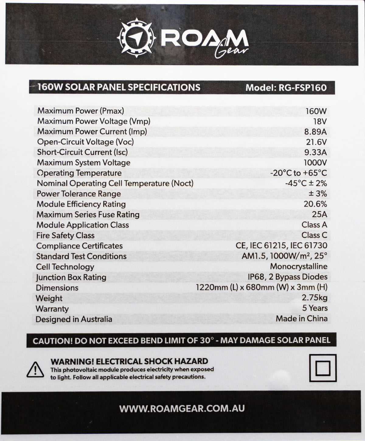 Roam Gear 160W 12V black ETFE flexible solar panel specifications label with electrical ratings, dimensions and weight.