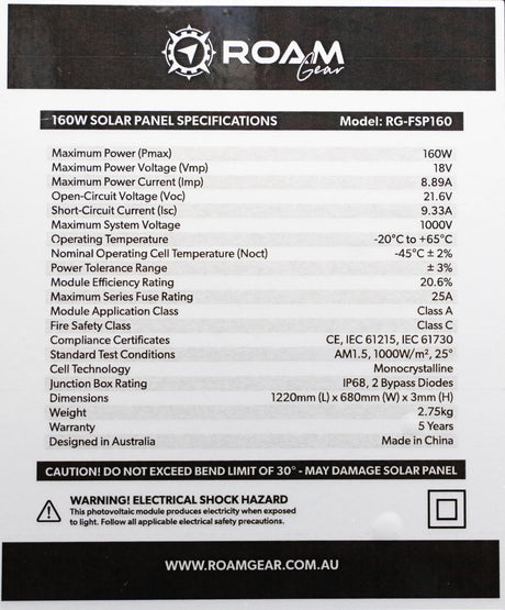 Roam Gear 160W 12V black ETFE flexible solar panel specifications label with electrical ratings, dimensions and weight.
