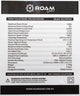 Roam Gear 160W 12V black ETFE flexible solar panel specifications label with electrical ratings, dimensions and weight.