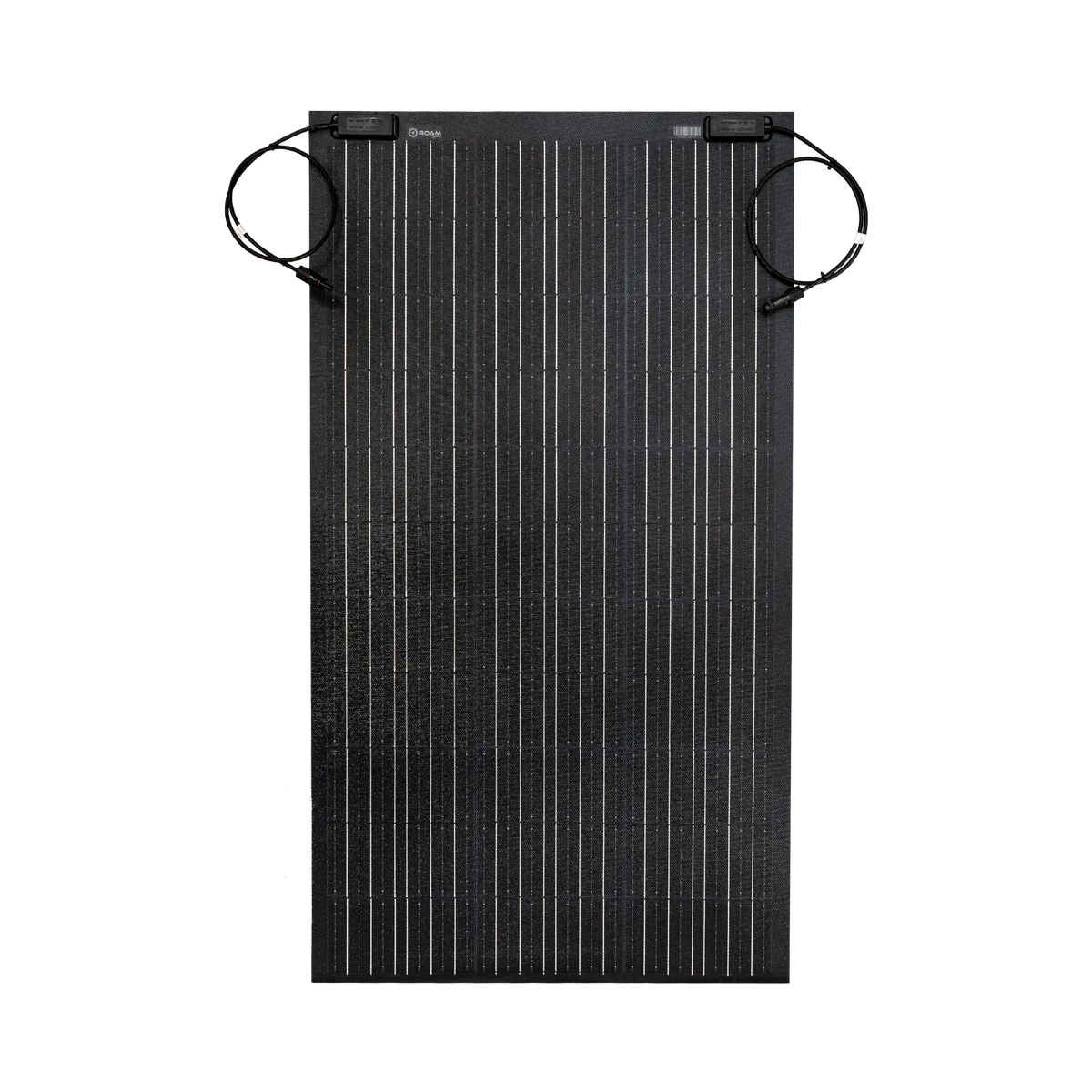 Roam Gear 160W 12V black ETFE flexible solar panel straight front view showing the cell grid and top junction boxes.