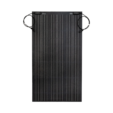 Roam Gear 160W 12V black ETFE flexible solar panel straight front view showing the cell grid and top junction boxes.