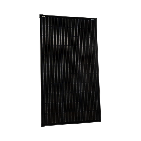 Roam Gear 160W 12V slimline black glass solar panel front angled view showing the narrow frame and solar cells.