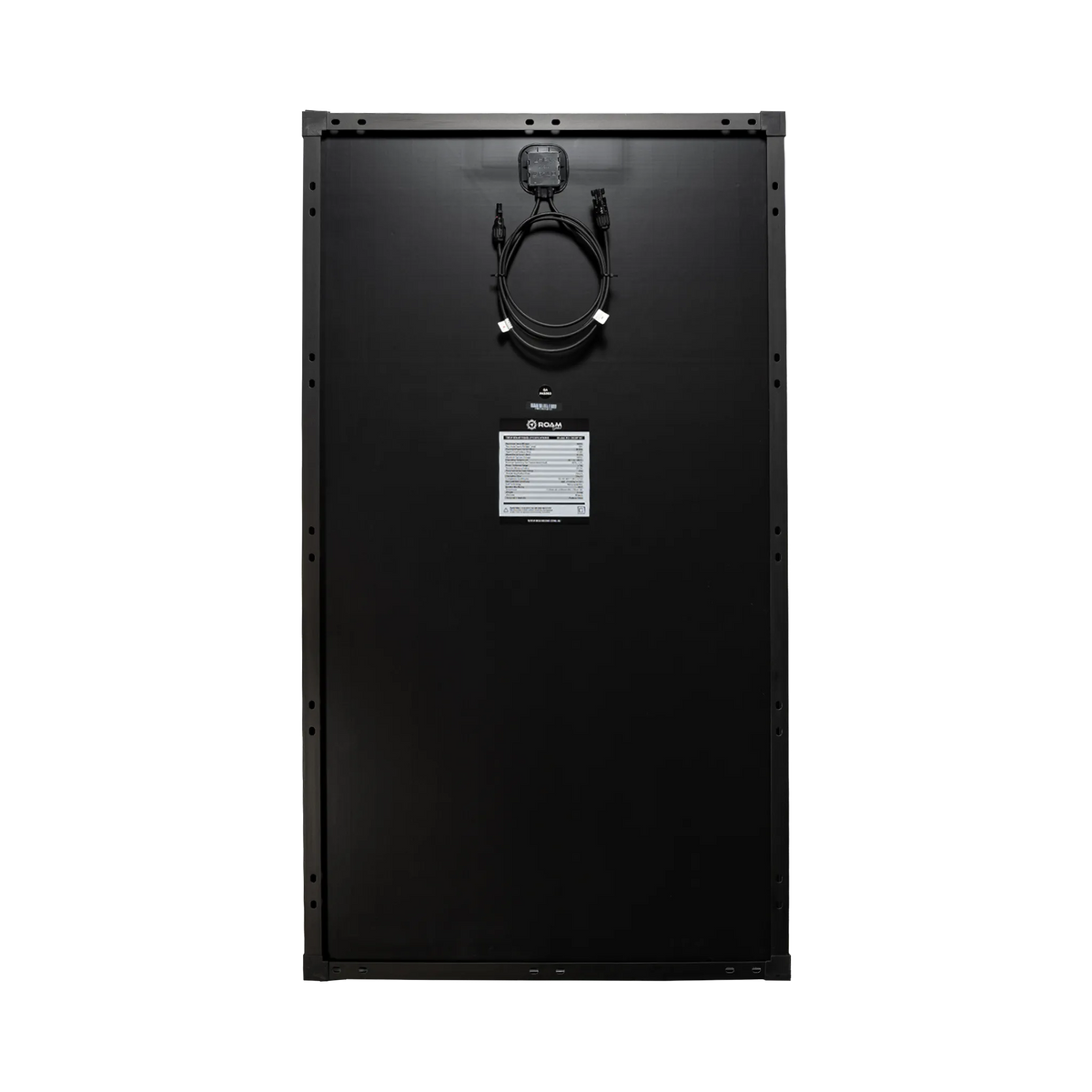 Roam Gear 160W 12V slimline black glass solar panel rear view with a junction box and coiled positive and negative leads.