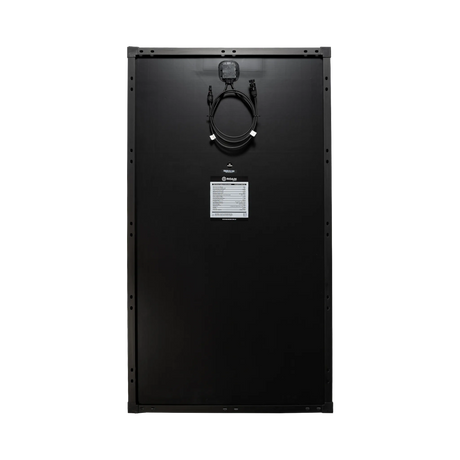 Roam Gear 160W 12V slimline black glass solar panel rear view with a junction box and coiled positive and negative leads.