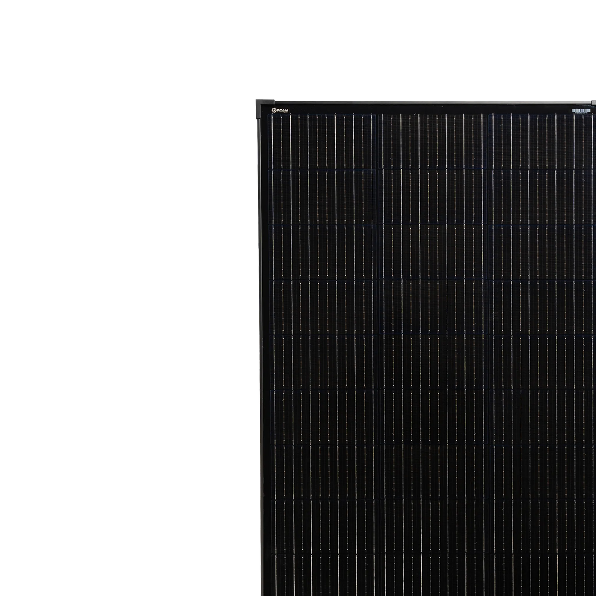 Roam Gear 160W 12V slimline black glass solar panel upper front section with the top frame rail and solar cells.