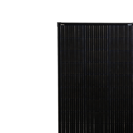 Roam Gear 160W 12V slimline black glass solar panel upper front section with the top frame rail and solar cells.