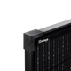 Roam Gear 160W 12V slimline black glass solar panel corner close up showing the corner cap and logo beside the cells.
