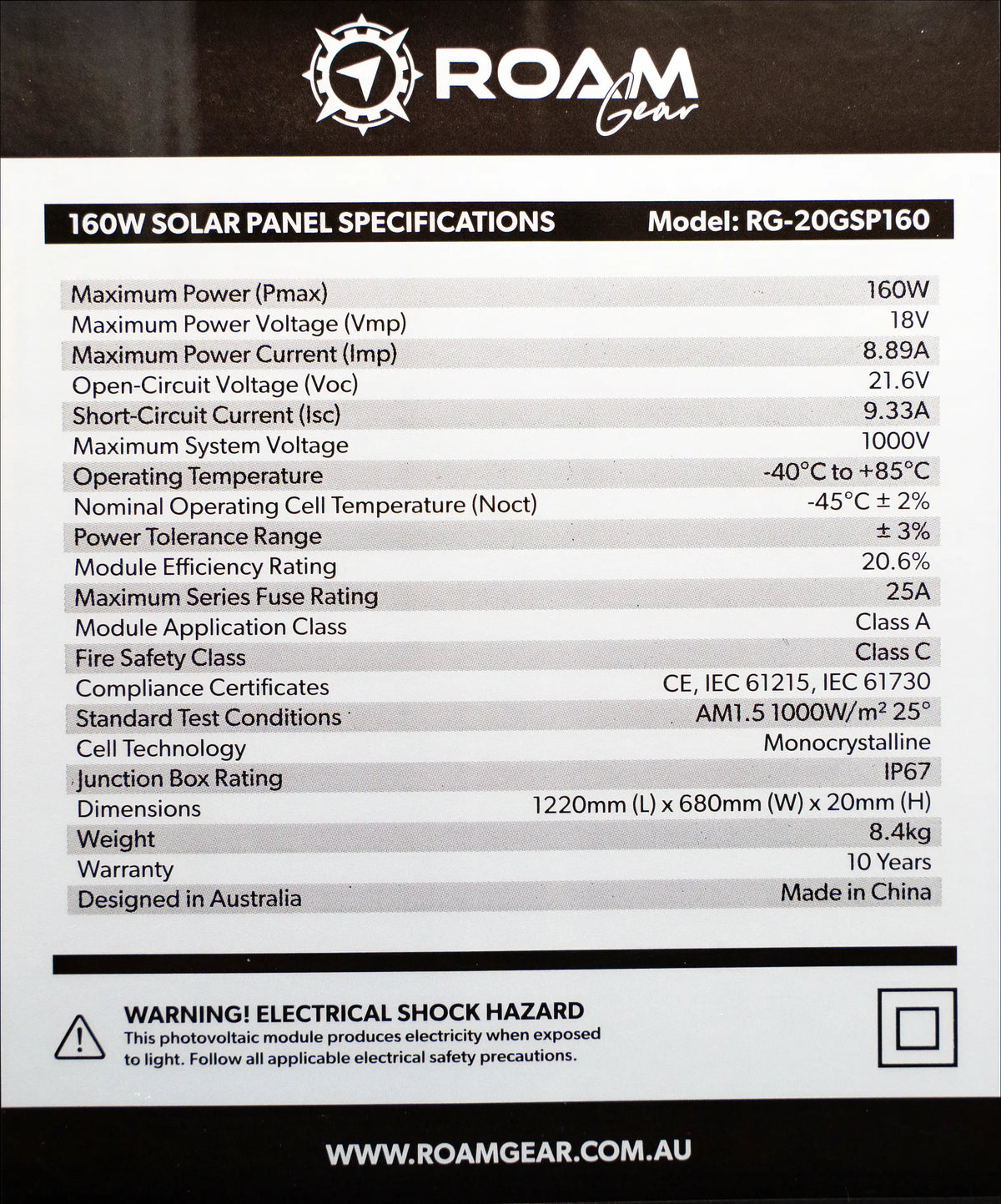 Roam Gear 160W 12V slimline black glass solar panel specifications label with electrical ratings, dimensions and weight.