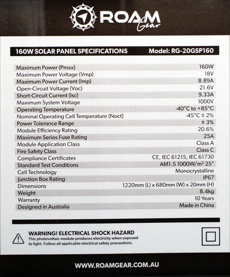 Roam Gear 160W 12V slimline black glass solar panel specifications label with electrical ratings, dimensions and weight.