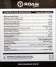 Roam Gear 160W 12V slimline black glass solar panel specifications label with electrical ratings, dimensions and weight.